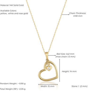 Gold heart-shaped pendant necklace with measurements and material details on a white background