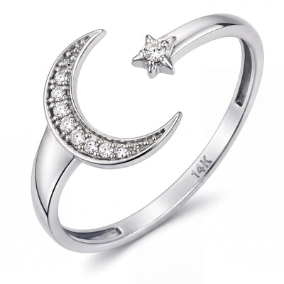 14K white gold moon and star ring, product photo