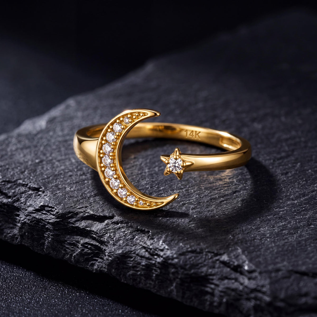 14K gold moon and star ring, styled view