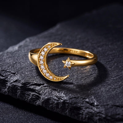 14K gold moon and star ring, styled view