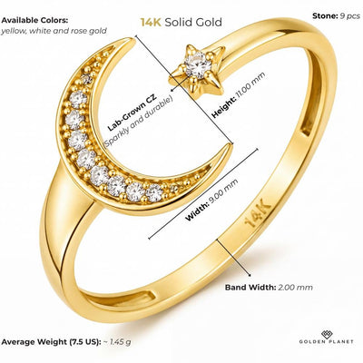 14K gold moon and star size and weight guide, size and weight guide
