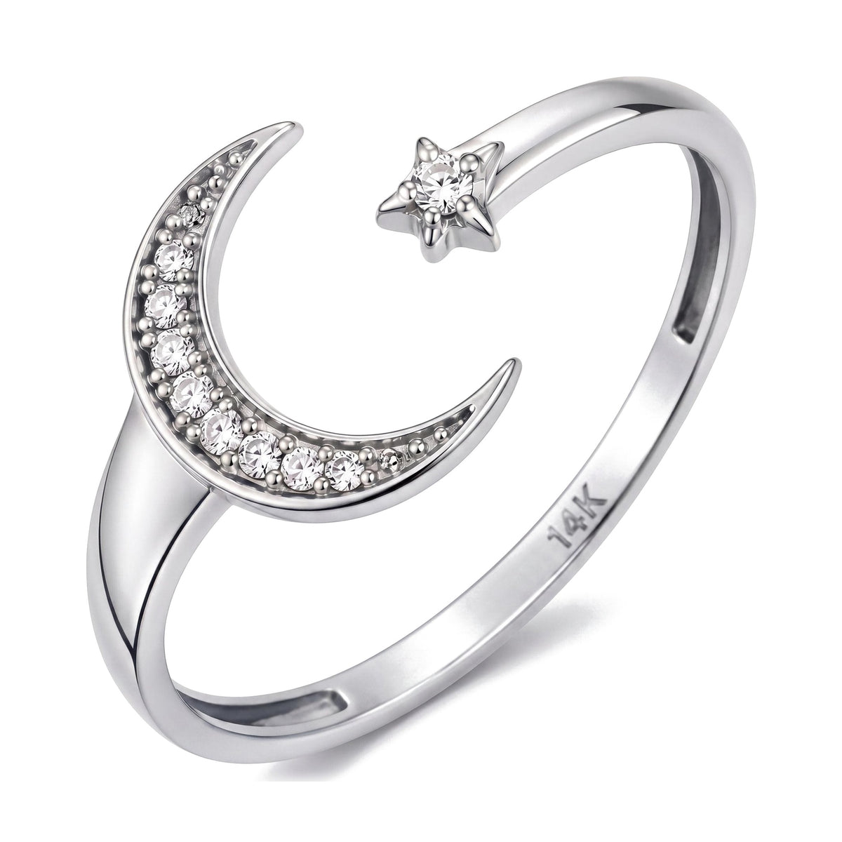 14K white gold moon and star ring, open band with a stone-set crescent moon facing a small star, on white