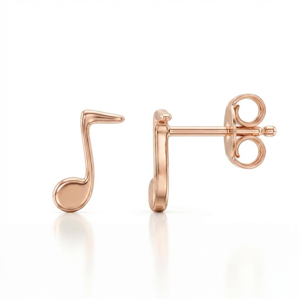 14K gold music note stud earrings, product photo