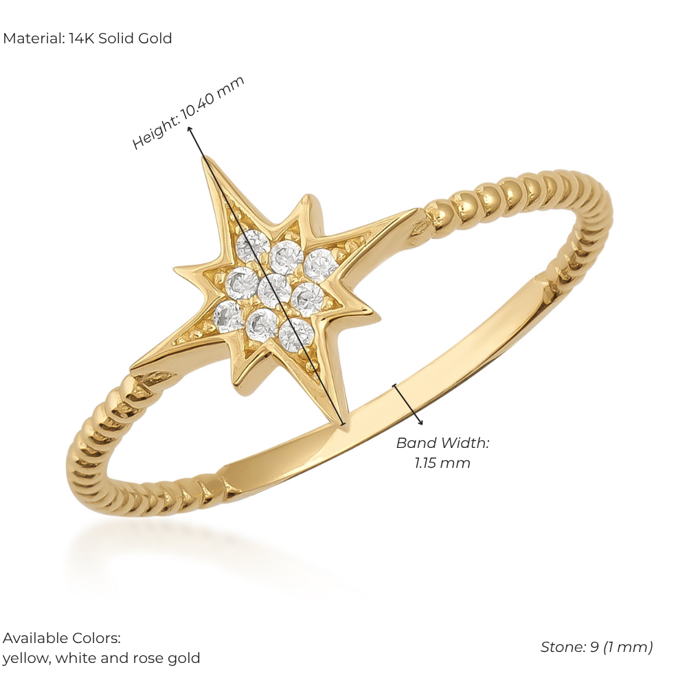 14K Gold North Star Ring – Sparkling Round Zirconia, Beaded Detail on Elegant Band