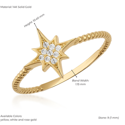 14K Gold North Star Ring – Sparkling Round Zirconia, Beaded Detail on Elegant Band