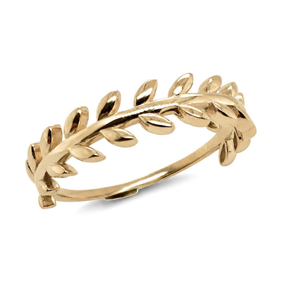 14K yellow gold olive leaf ring, leaves wrapping the top half of a slim band, on white