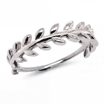14K white gold olive leaf ring, polished leaves along a slim band, on white