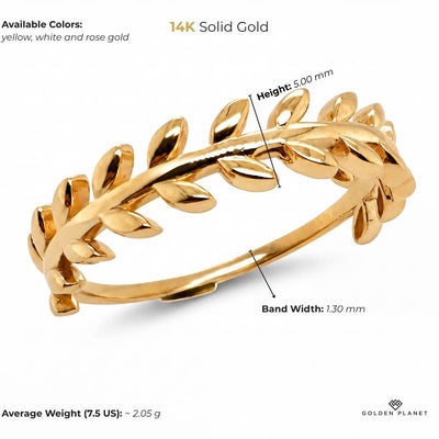 Size chart for the 14K gold olive leaf ring showing leaf height, band width and average weight