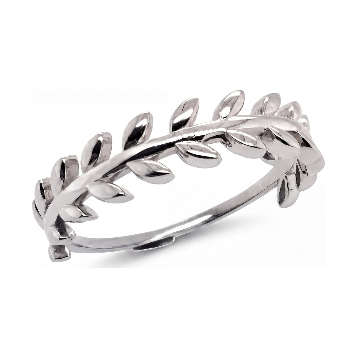 14K white gold olive leaf ring, polished leaves along a slim band, on white