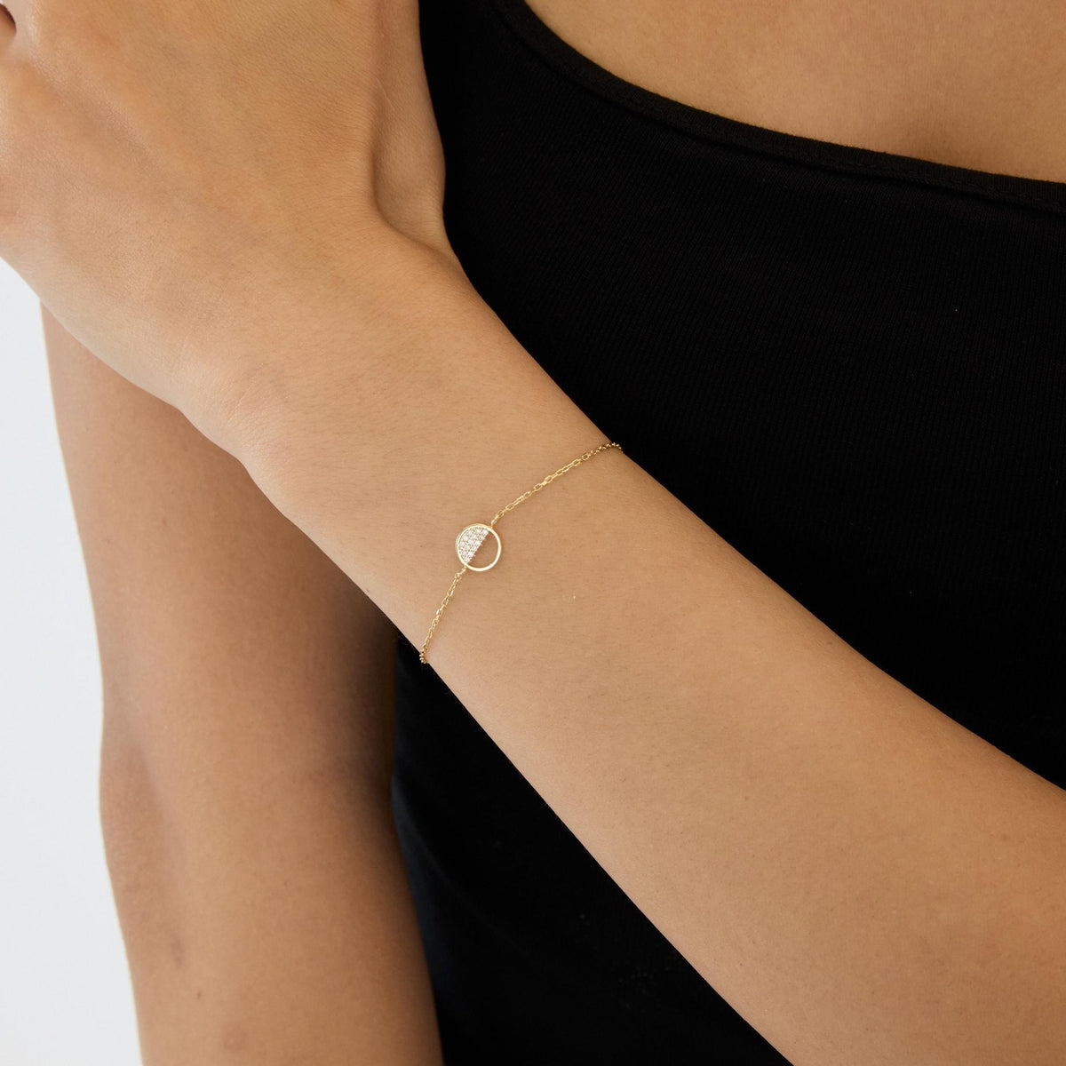 14K gold open circle bracelet, styled view