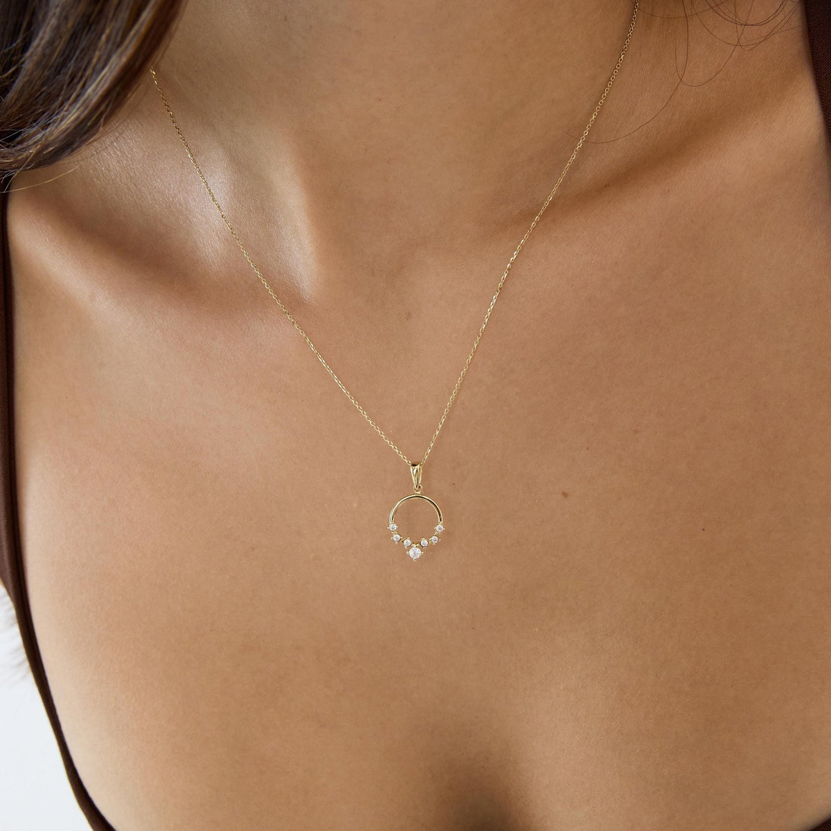 14K gold open circle necklace, styled view