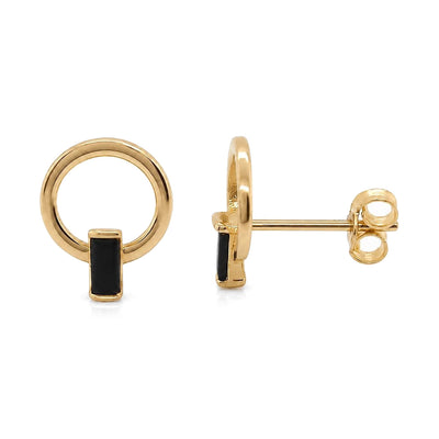 14K yellow gold open circle stud earrings with black baguette stone, front and side view showing post and back