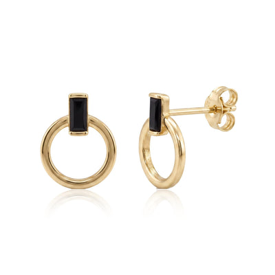 14K yellow gold open circle stud earrings with black baguette stone, front and side view on white background