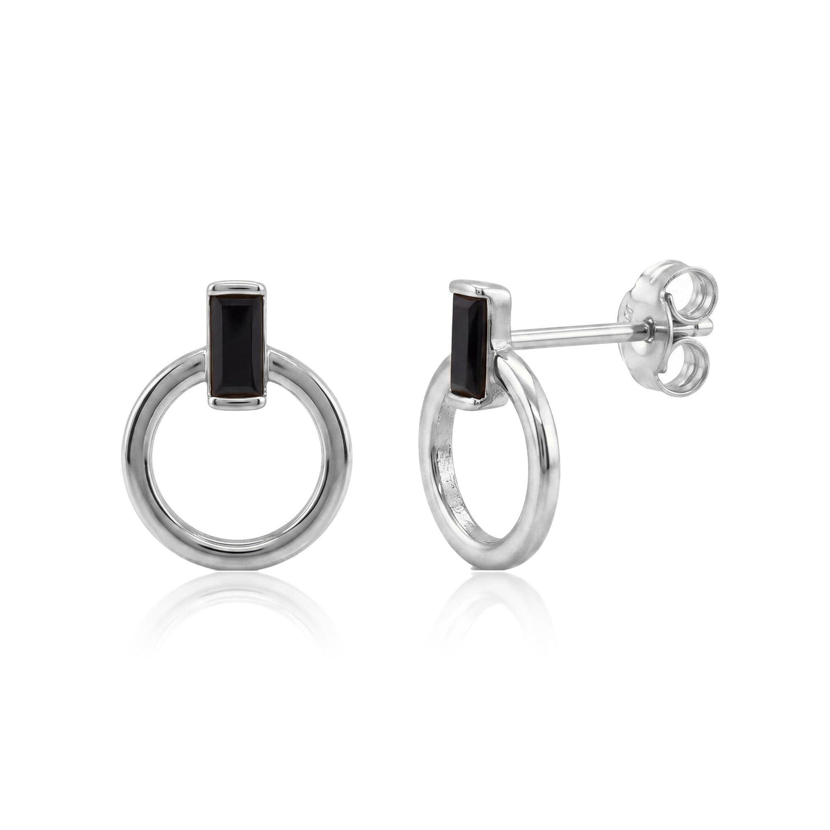 14K white gold open circle stud earrings with black baguette stone, front and side view on white background