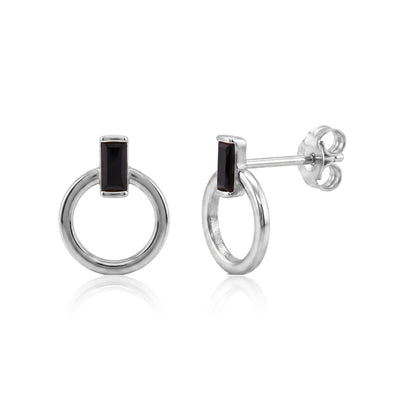 14K white gold open circle stud earrings with black baguette stone, front and side view on white background