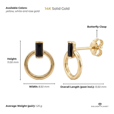 Size chart for the 14K gold open circle stud earrings showing available colors, height, width, stone size, overall length
