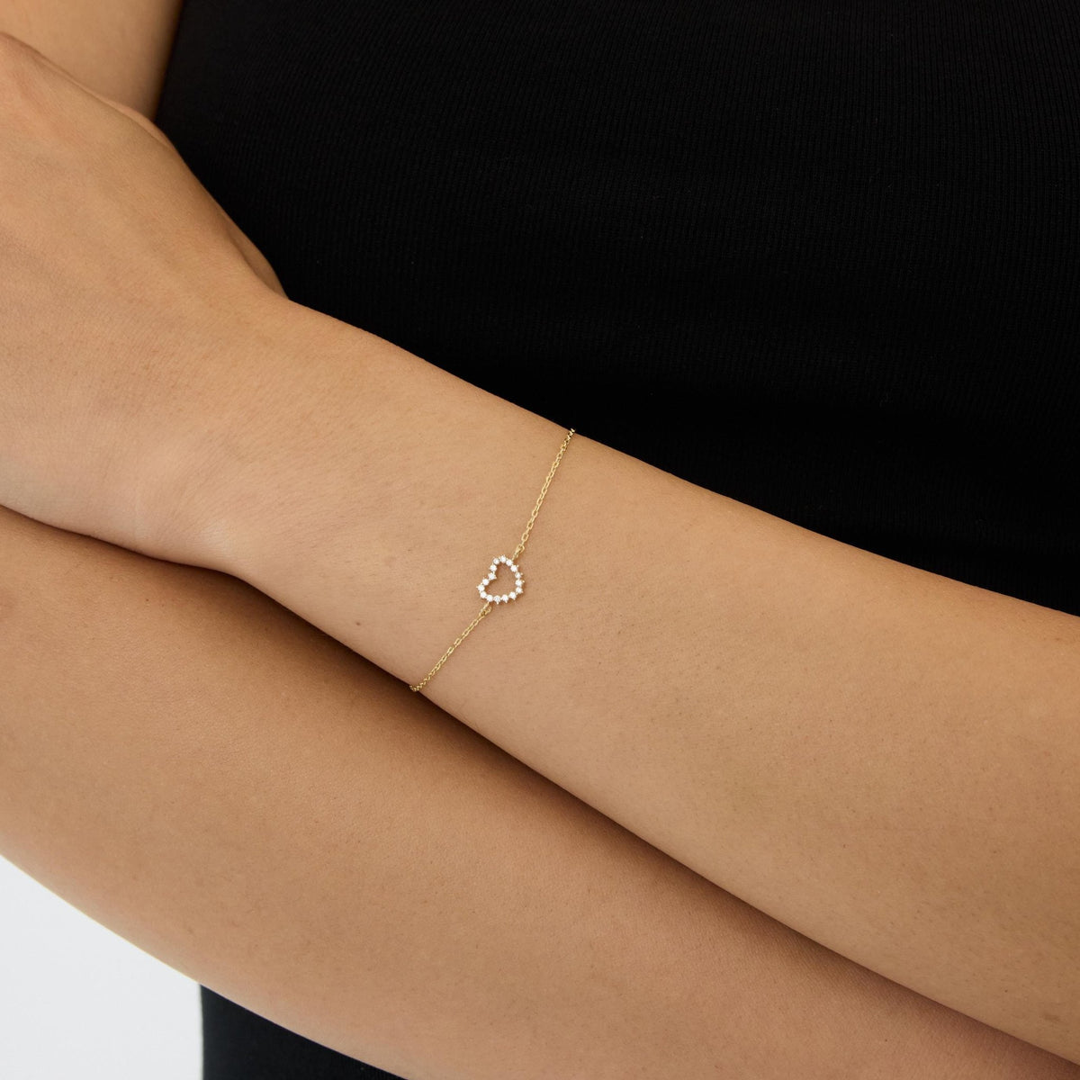 14K gold open heart bracelet, styled view