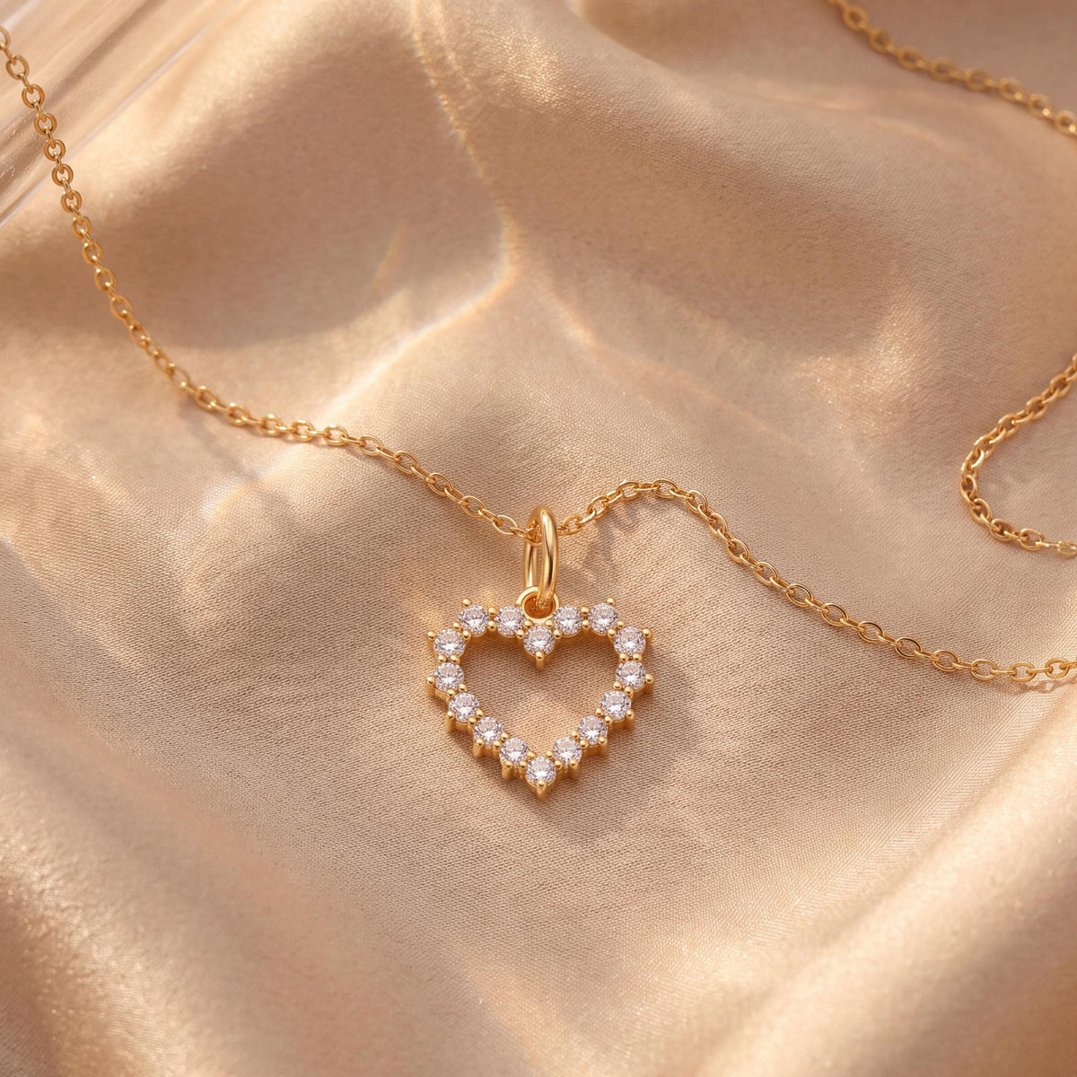 14K gold open heart pendant necklace, styled view