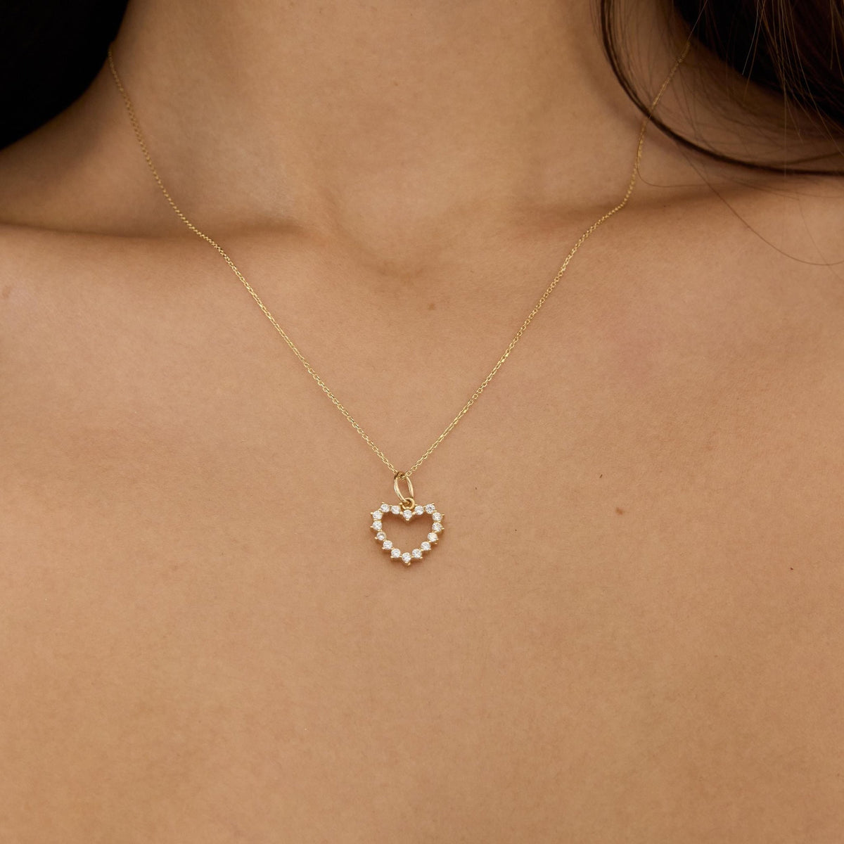 14K gold open heart pendant necklace, styled view