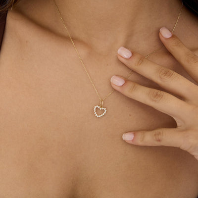 14K gold open heart pendant necklace, styled view