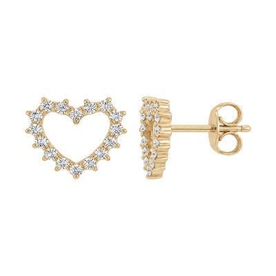 14K yellow gold open heart stud earrings with round cubic zirconia, front and side view with butterfly back on white