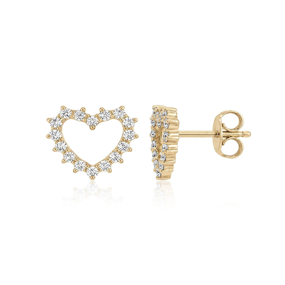14K yellow gold open heart stud earrings with round cubic zirconia, front and side view on white backdrop