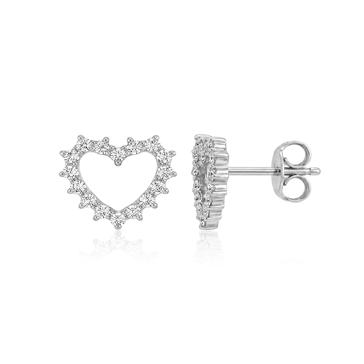 14K white gold open heart stud earrings with round cubic zirconia, front and side view with push back
