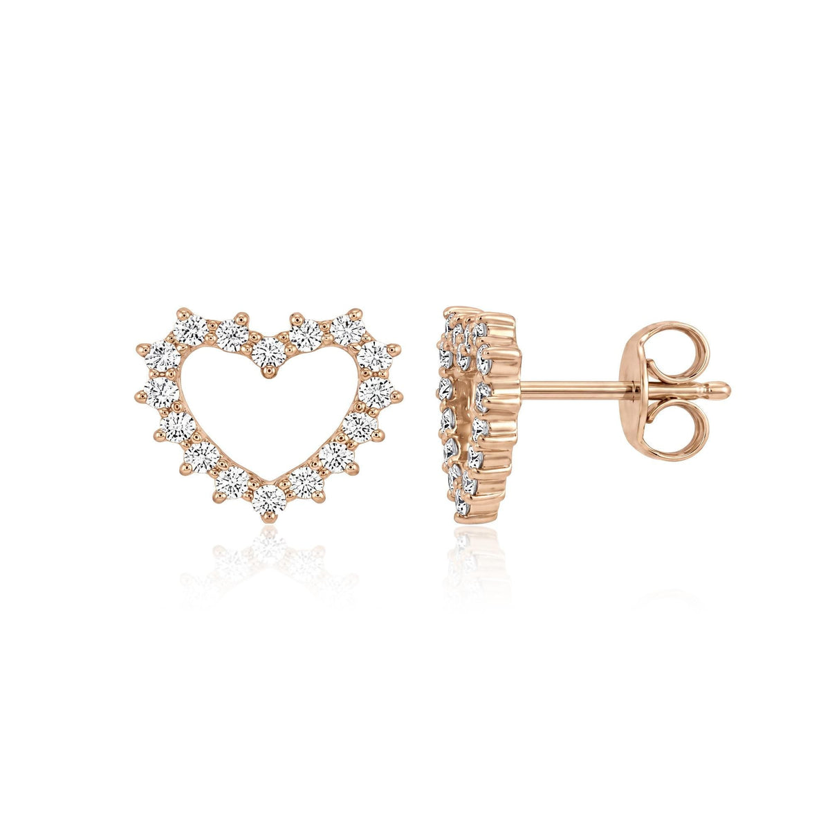 14K rose gold open heart stud earrings with round cubic zirconia, front and side view with push back
