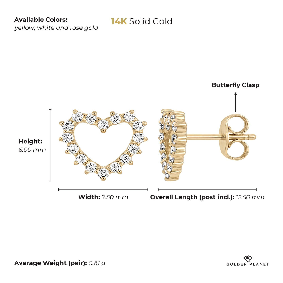 Size chart for the 14K gold open heart stud earrings showing stones, available colors, height, width, overall length