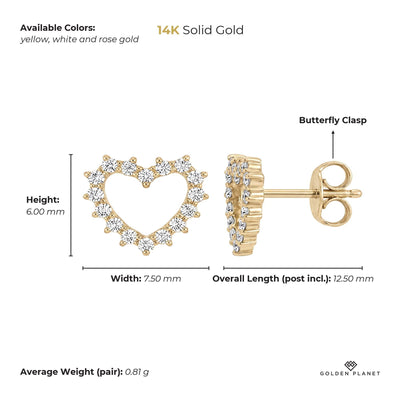 Size chart for the 14K gold open heart stud earrings showing stones, available colors, height, width, overall length