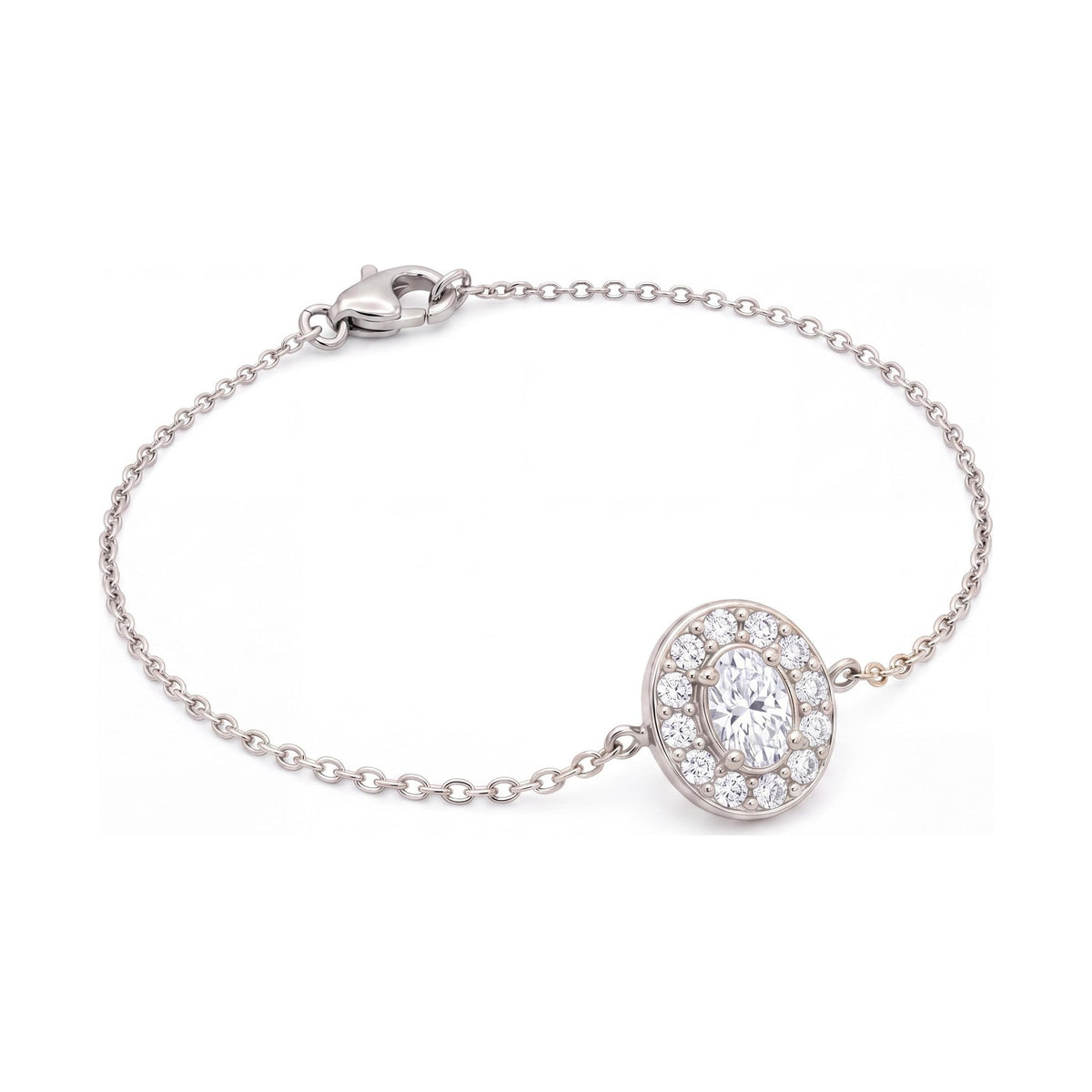 14K white gold oval birthstone bracelet, clear oval stone in a halo of small stones on a cable chain