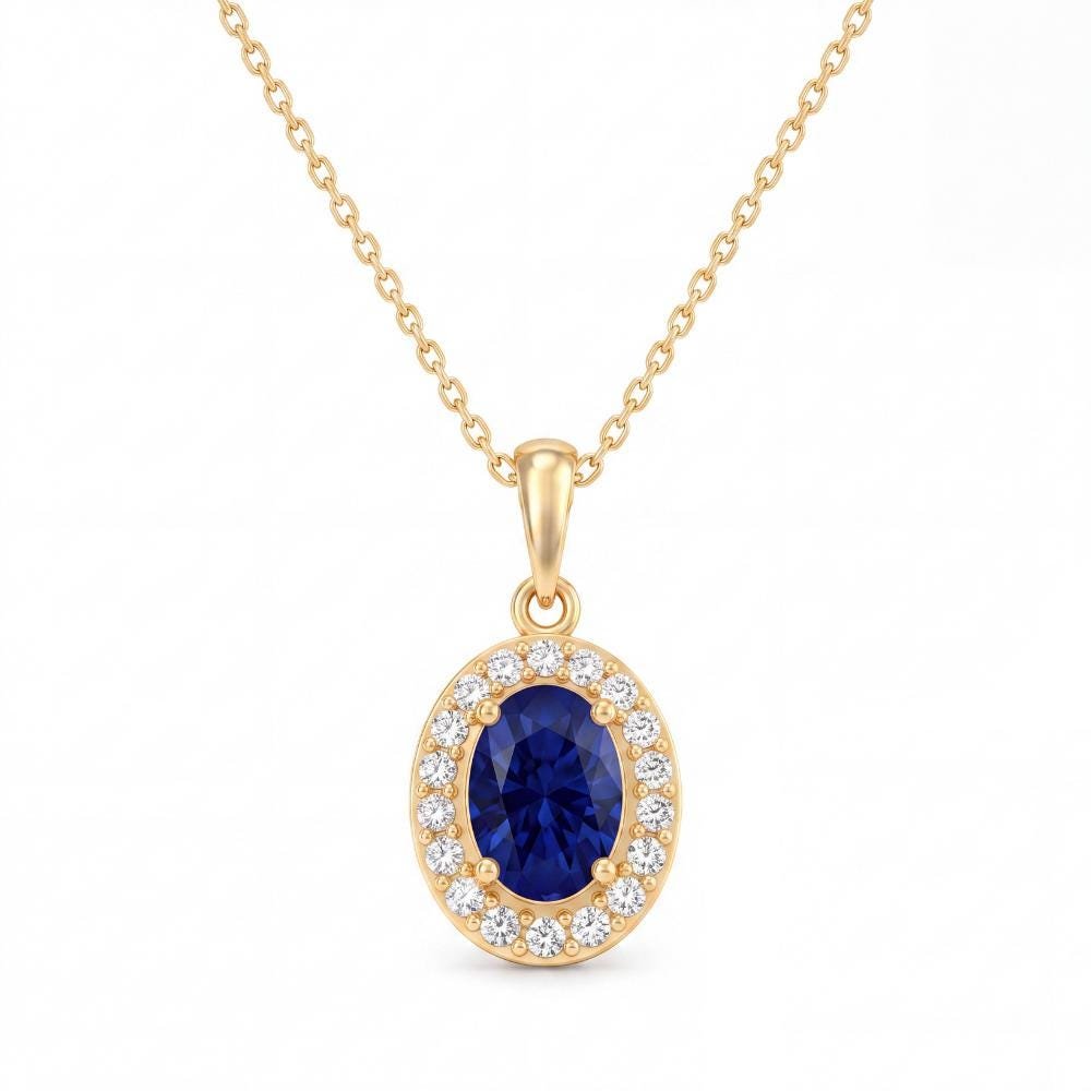 14K gold oval halo pendant necklace, product photo