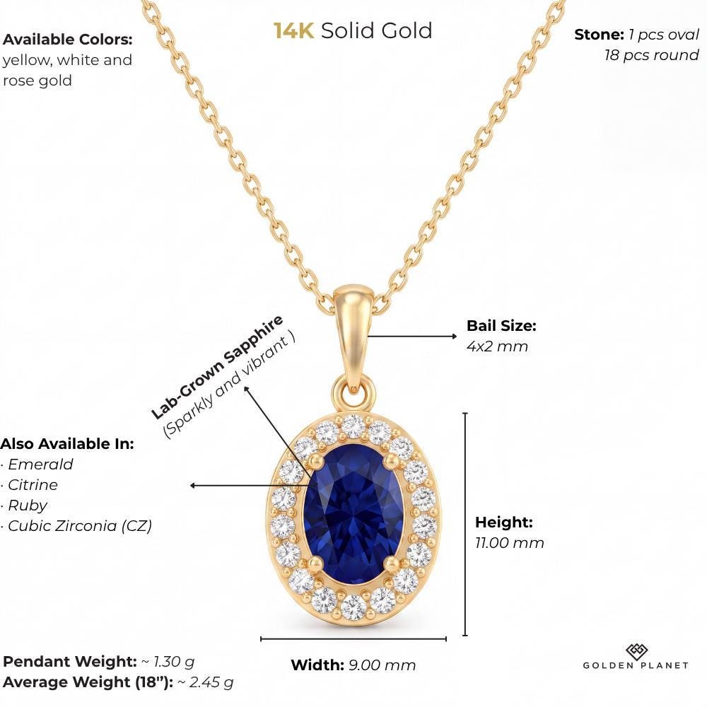 14K gold oval halo pendant with cubic zirconia size and weight guide