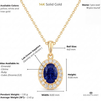14K gold oval halo pendant with cubic zirconia size and weight guide