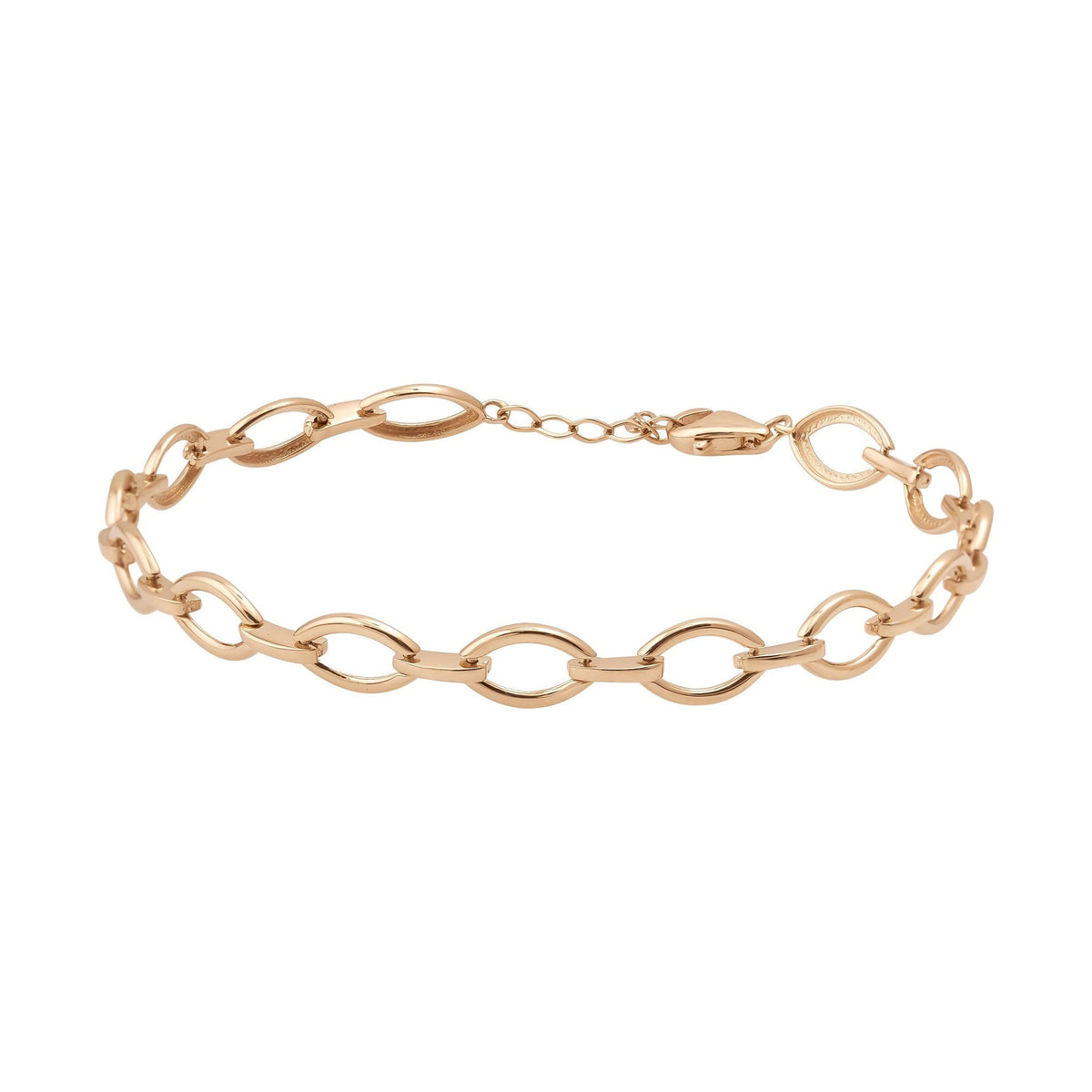 14K gold chain link bracelet with oval links and lobster clasp on white background