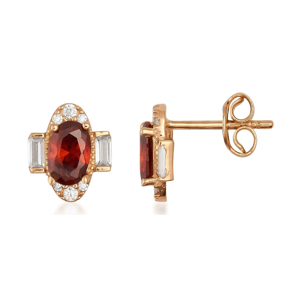 14K gold stud earrings with oval red Simulated Ruby, baguette accents, and round white stones
