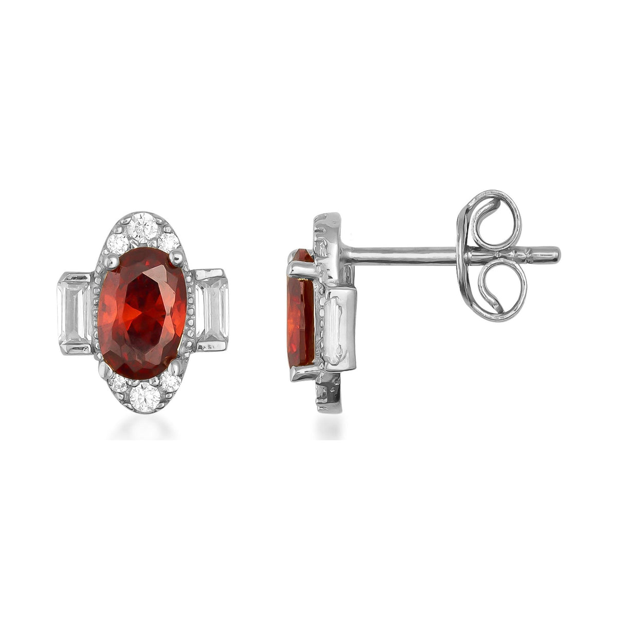 Oval red Simulated Ruby stud earrings with cubic zirconia accents in 14K white gold setting