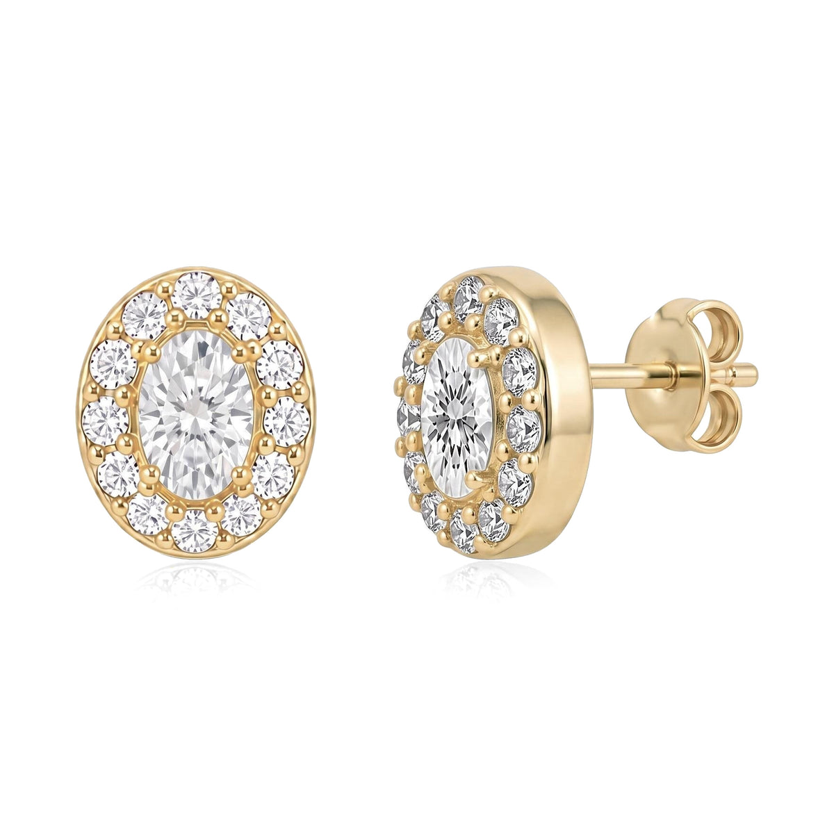 14K yellow gold oval stud earrings with round cubic zirconia halo, front and side view on white background