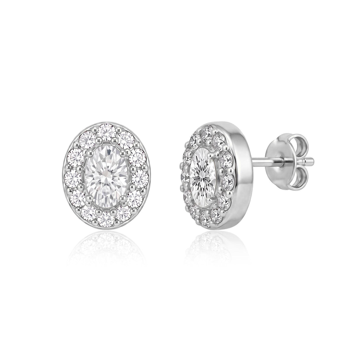 14K white gold oval stud earrings with cubic zirconia halo, front view and side view showing post and back
