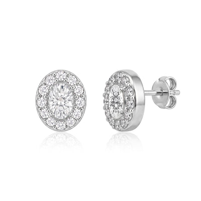 14K white gold oval stud earrings with cubic zirconia halo, front view and side view showing post and back