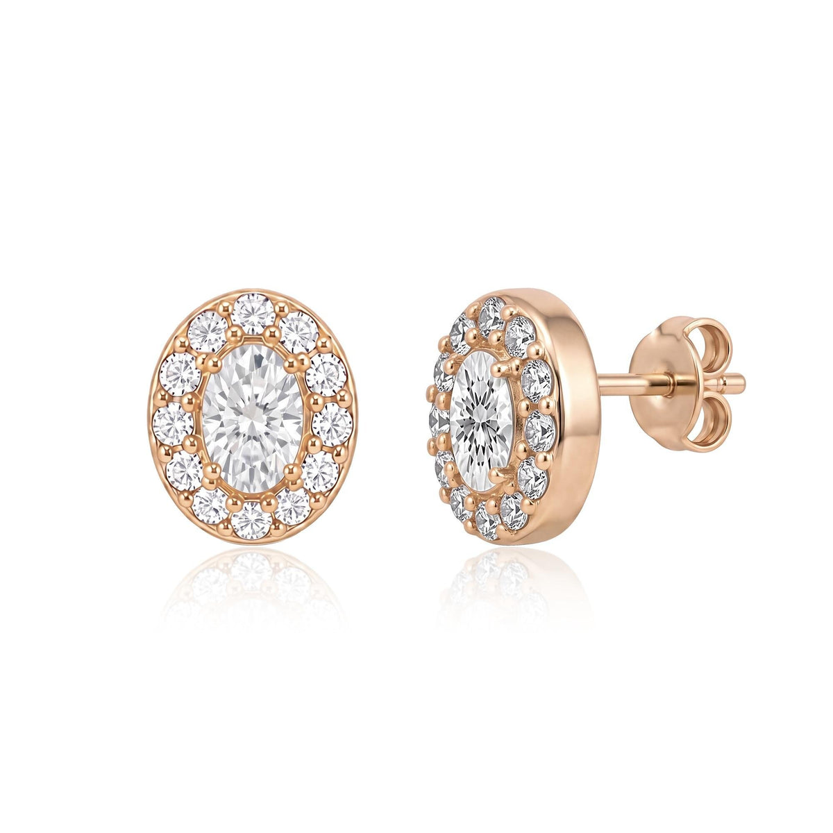 14K rose gold oval stud earrings with cubic zirconia halo, front view and side view showing post and back
