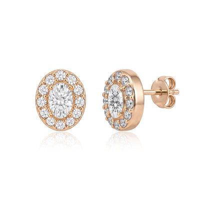 14K rose gold oval stud earrings with cubic zirconia halo, front view and side view showing post and back