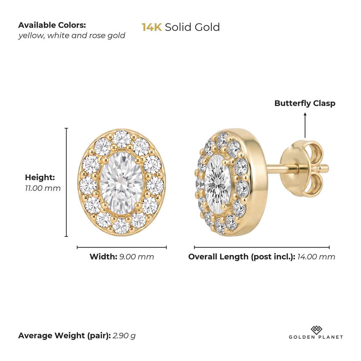 Size chart for the 14K gold oval stud earrings showing stones, available colors, height, width, overall length, closure