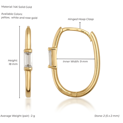 Gold hoop earrings with hinged clasp and measurements on a white background