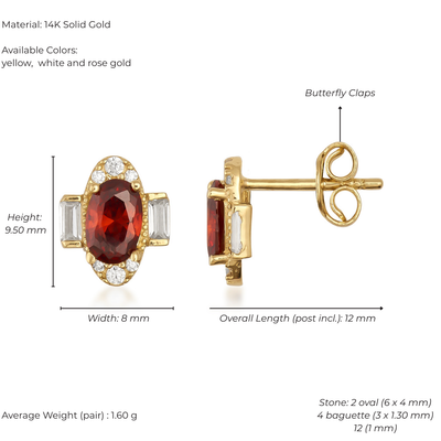 Gold earrings with red gemstones and butterfly clasp, detailed measurements on a white background.