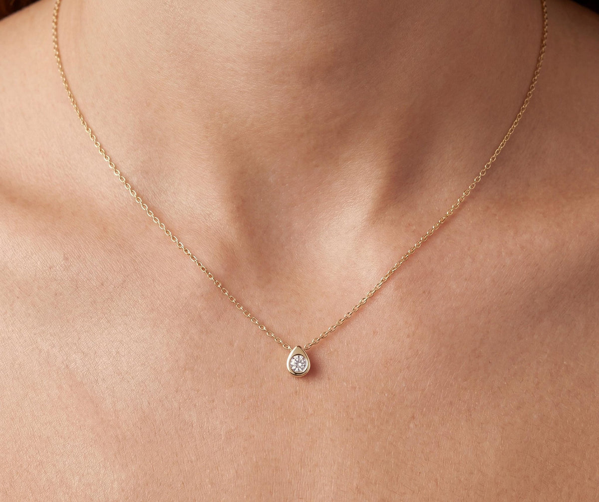 14K gold pear drop necklace, styled view