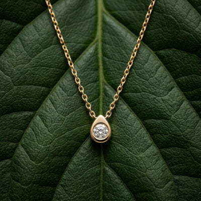 14K gold pear drop necklace, styled view