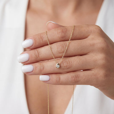 14K gold pear drop necklace, styled view