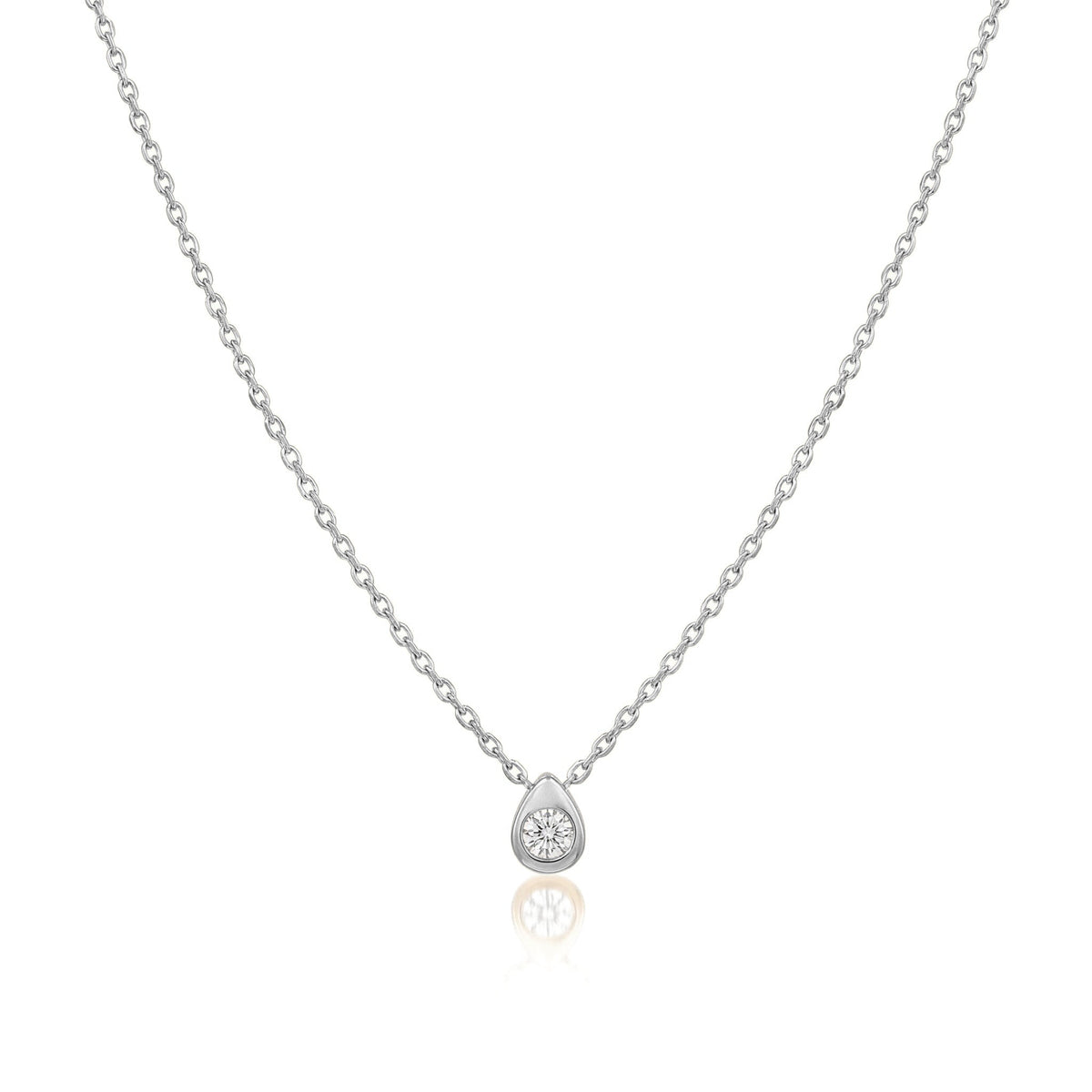 14K white gold pear drop necklace, small teardrop pendant with a bezel-set clear stone, on white