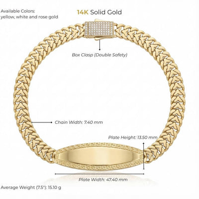 Size chart for the 14K gold personalized id name plate bracelet showing size and weight
